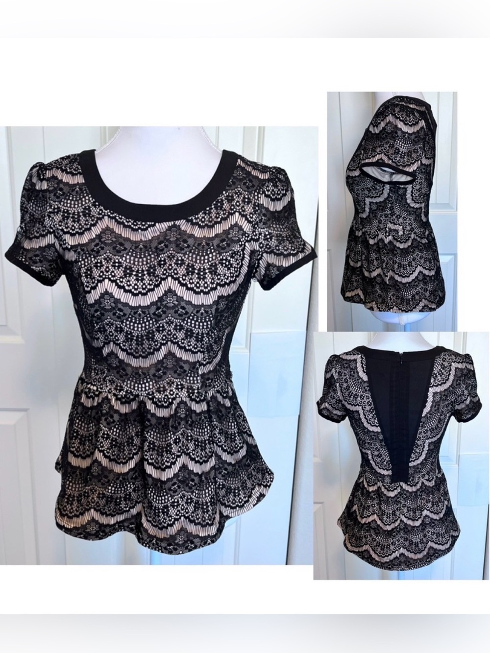 Skies Are Blue Black & Cream Lace Peplum Top Sz Small